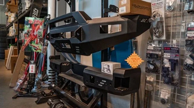Off-road bumpers on display in the Westshore showroom