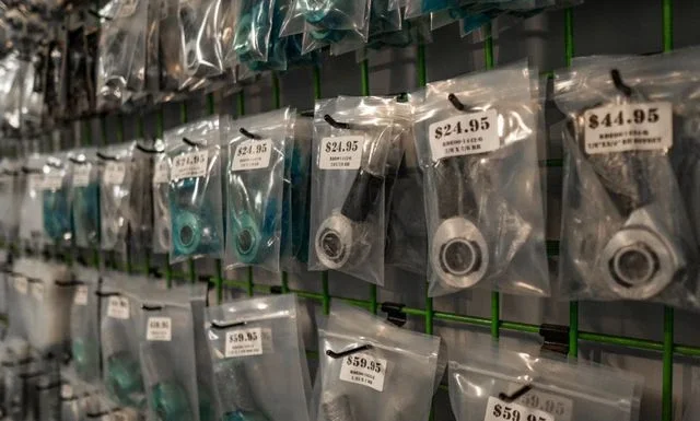 Builder parts hanging on a showroom display