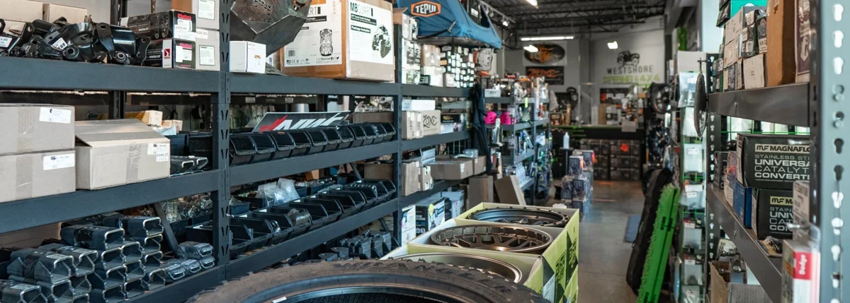 Inside the Westshore showroom, shelves of suspension and off-road components